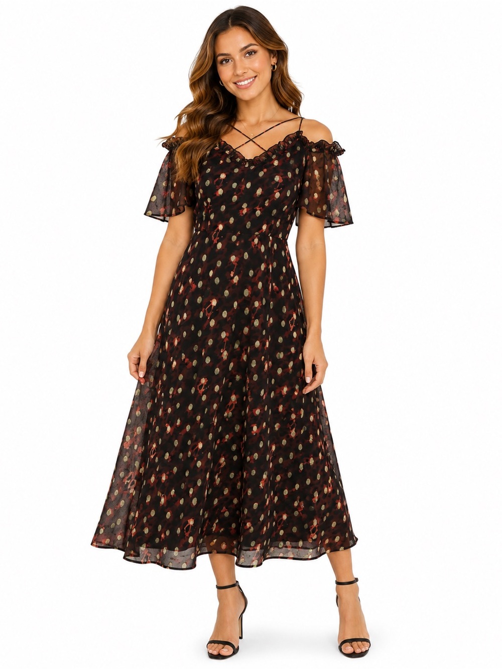 Topshop Leopard Print Bardot Midi Dress Metallic Shimmer Strap Party XS S